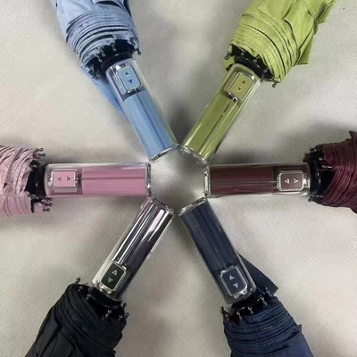 Warmverkauf Dreifachklappbares automatisches mechanisches Handgriffe Regenschirm UV-Block Regenschirm