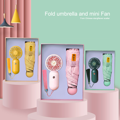 Pongee Regenschirm 5 Klapptaschen Regenschirm Mini-Ventilator und Custom Logo Frauen Geschenkbox