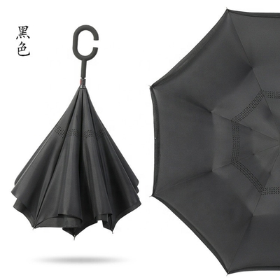 190T Ponegee Stoff Custom Doppelschicht C-Form Griff Umgekehrter Regenschirm mit Logo-Drucken
