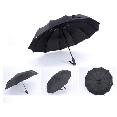 Custom Logo Druck Dreifach Falten vollautomatischer Regenschirm mit schwarzer Stahlwelle